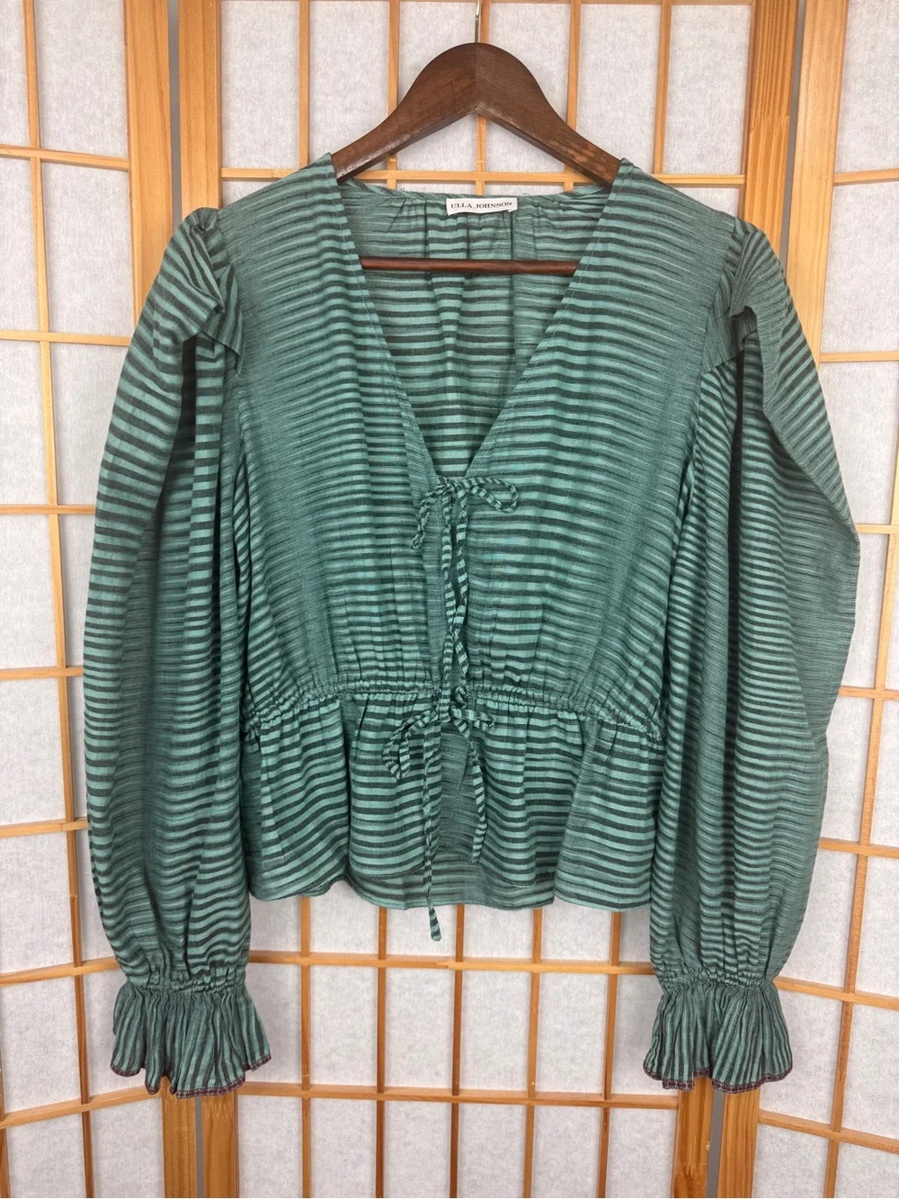 Ulla Johnson Ophelia Gathered Striped Cotton Peplum Blouse Teal Green - Size 4